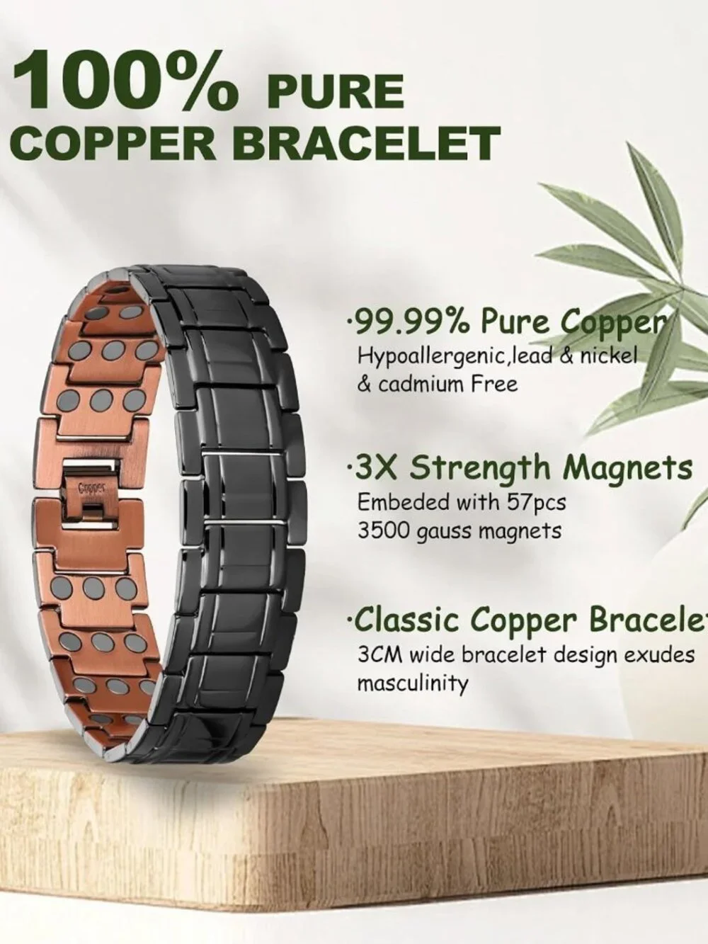 Men's Copper Magnetic Bracelet - 3X Strength, Pure Copper Jewelry Gift & Sizing